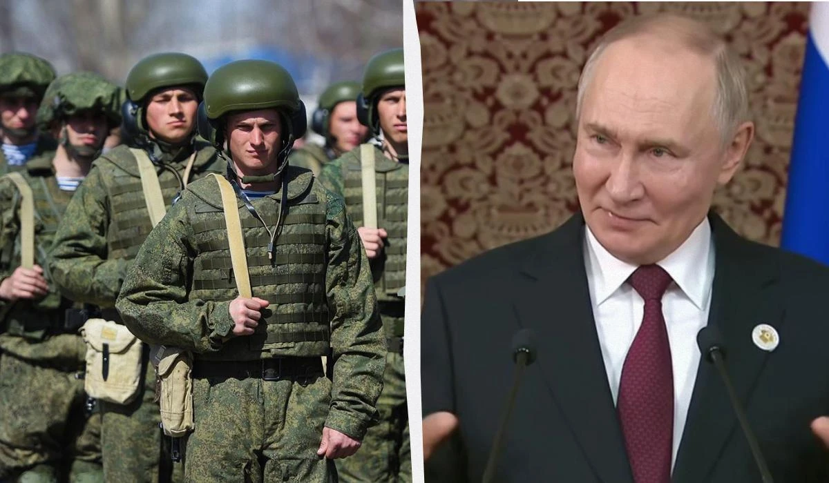 Колаж: російський військовослужбовець на тлі символіки Кремля та військової техніки