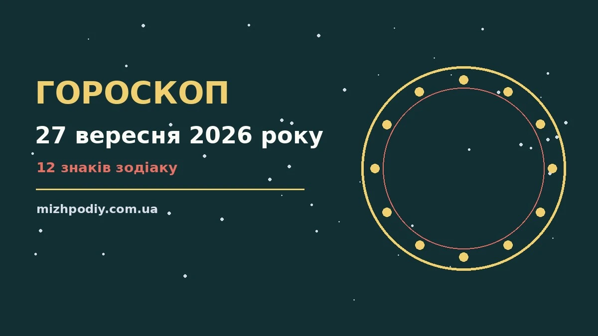 Зоряний гороскоп на 27 вересня 2026 року, знаки Зодіаку на тлі вечірнього неба